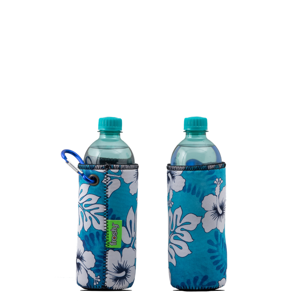 Blue Hibiscus 250ml water bottle cooler sleeve with metal clip.
