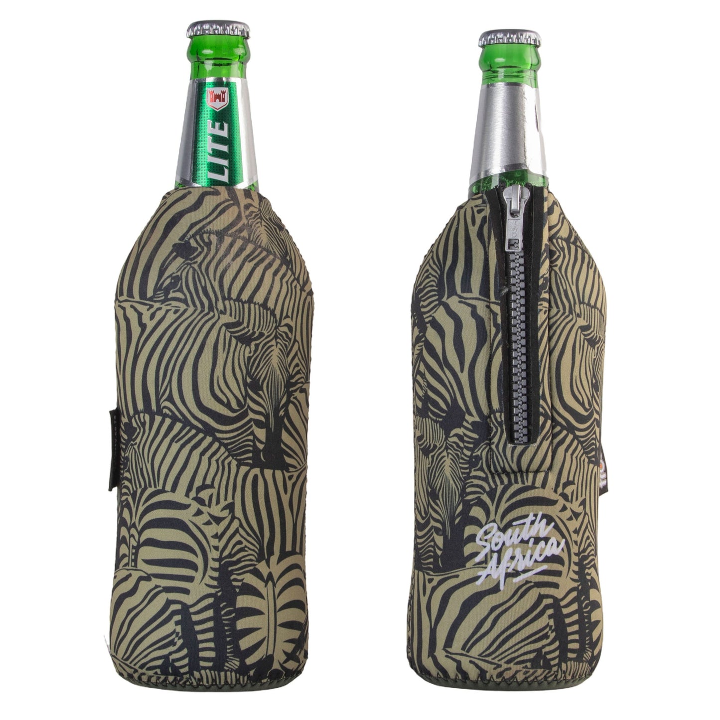 Frosty Zebra Khaki Neoprene Quart Beer Zip Cooler Sleeves