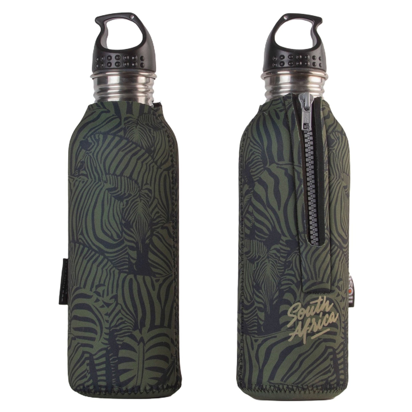 Frosty Zebra Olive Neoprene Aluminium Hydration Bottle Cooler Sleeve includes bottle