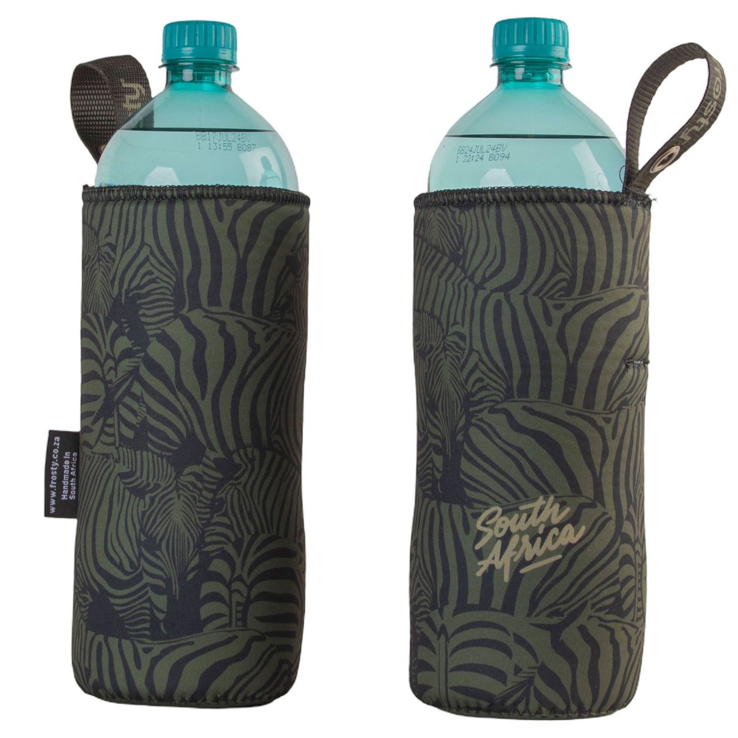 Frosty Zebra Olive Neoprene 1L Bottle Cooler Sleeve with Carabena
