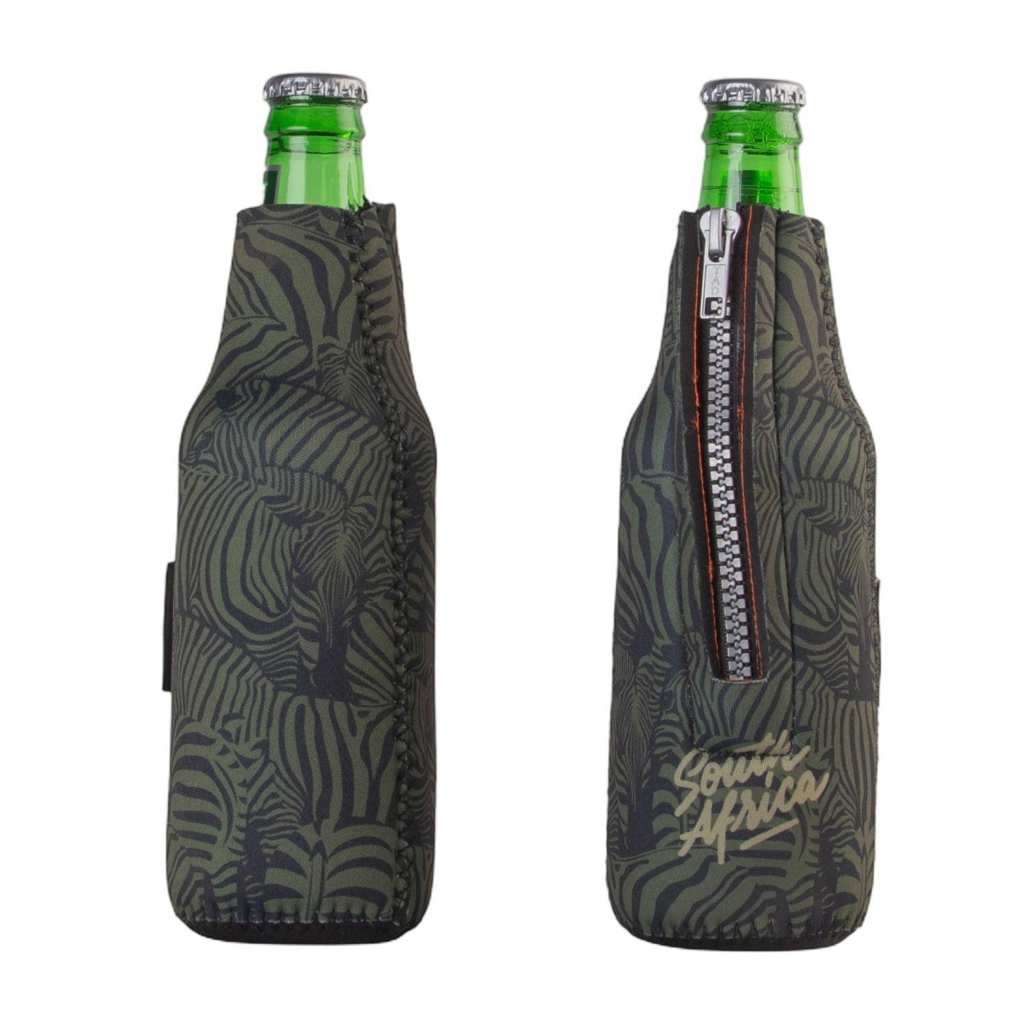 Frosty Olive Zebra Neoprene Beer Zip Cooler Sleeve