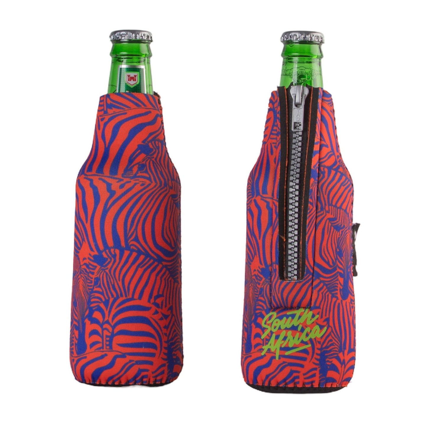 Frosty Zebra Orange Neoprene Zipped Beer Bottle Cooler Sleeve