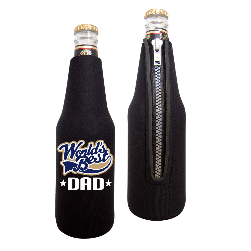 Black neoprene beer koozie with world's best dad graphic.