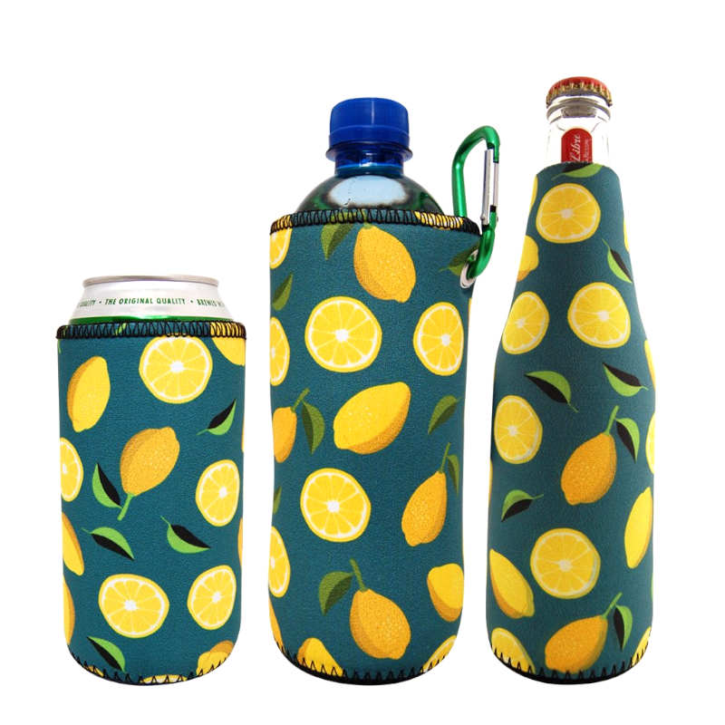 Lemon themed neoprene koozie set.