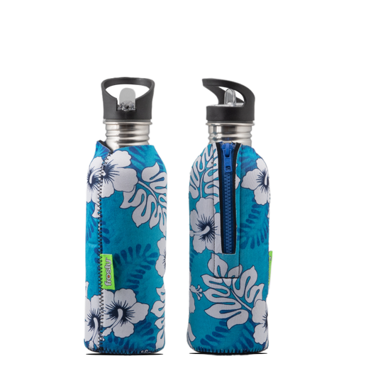 Blue Hibiscus Stainless Steel drink bottle zip cooler sleeve