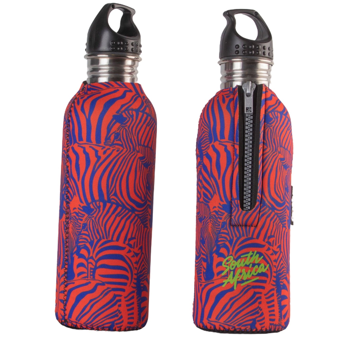Frosty zebra orange cooler sleeve with hydration bottle