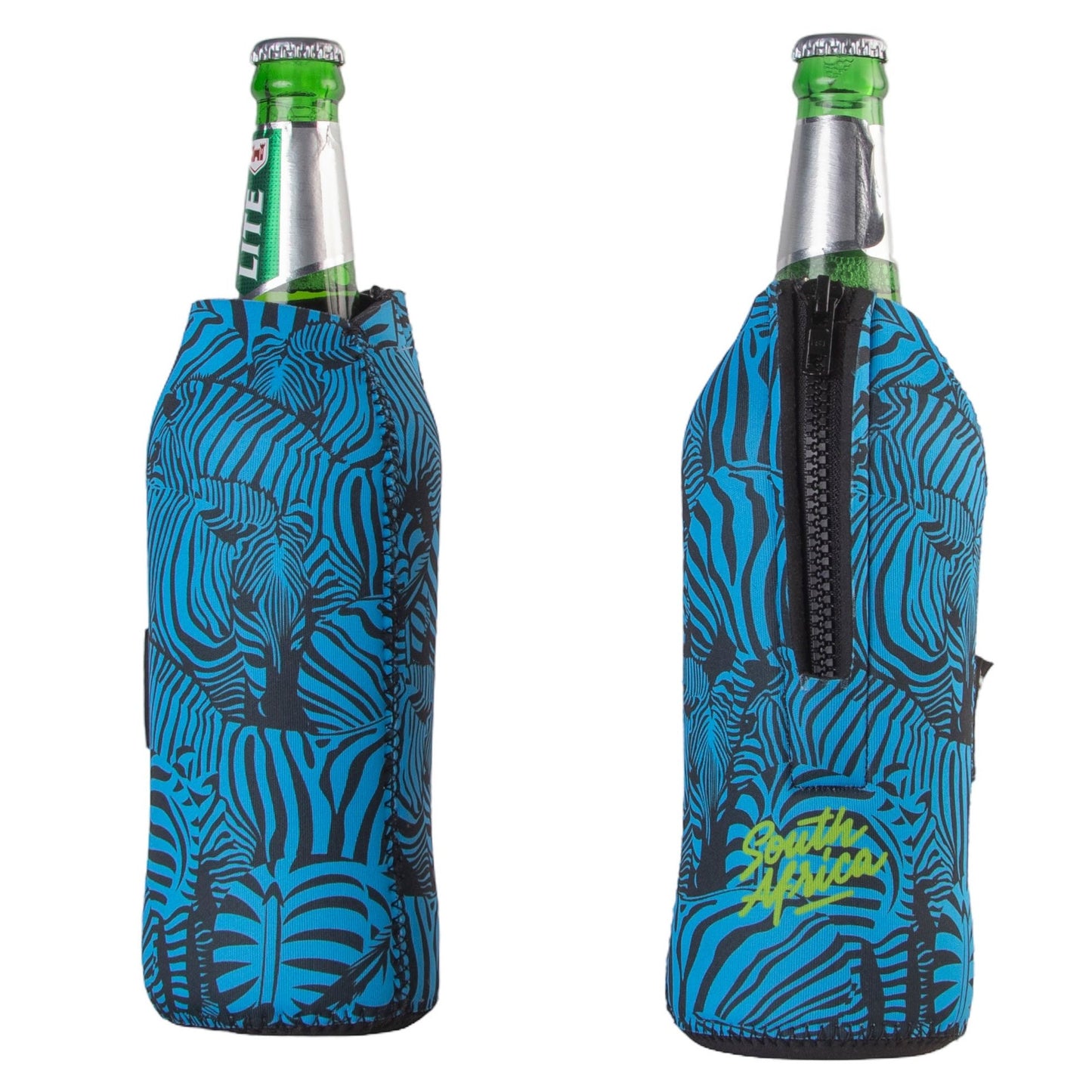 Frosty Zebra Blue Zipped Quart Beer Bottle Neoprene Cooler Sleeve