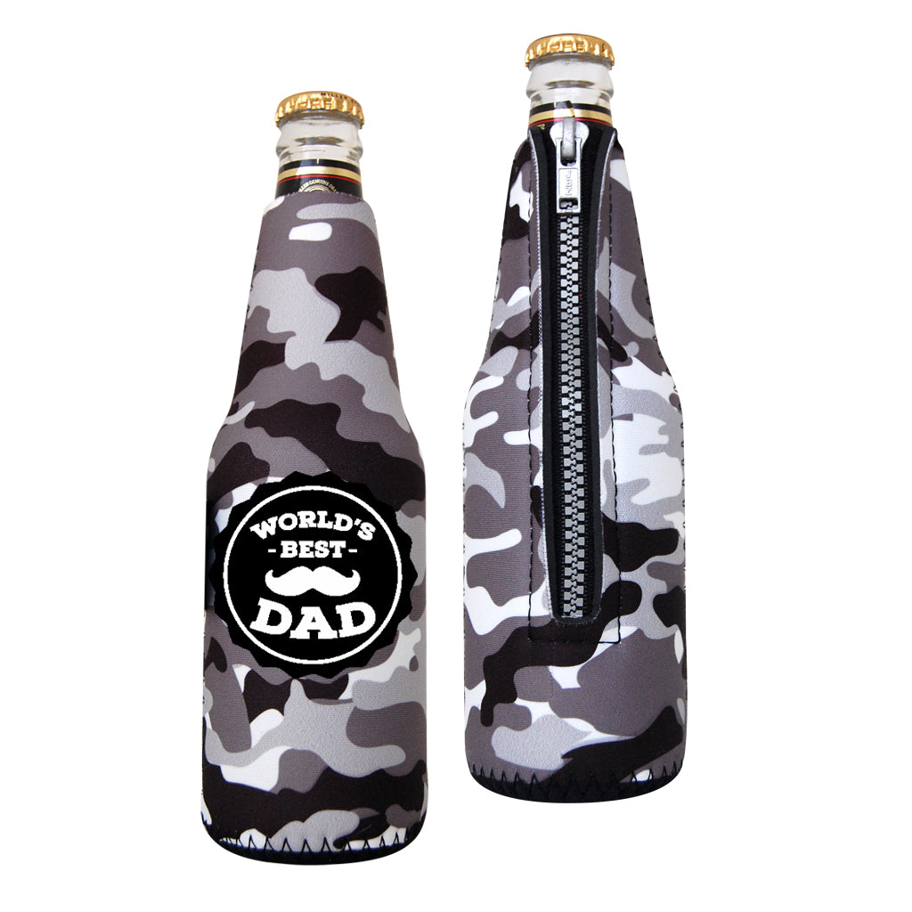 Black and white camo, neoprene beer bottle sleeves with World's Best Dad moustache graphic.
