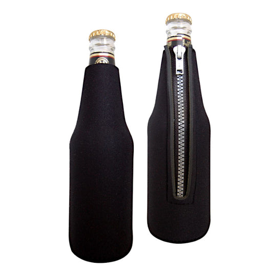 Black neoprene beer koozie with zip.