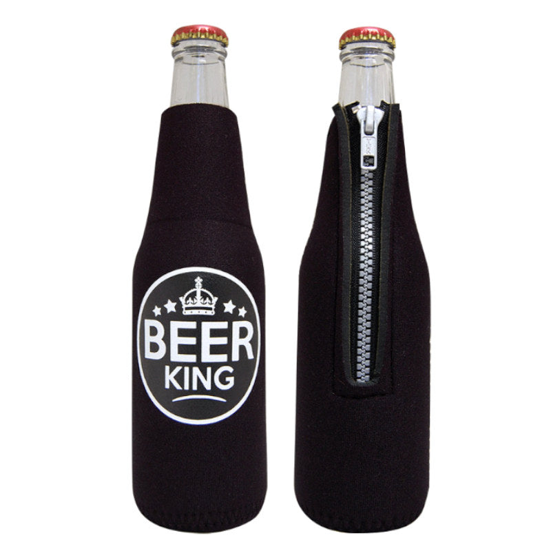 Black neoprene beer koozie with zip and beer king graphic.