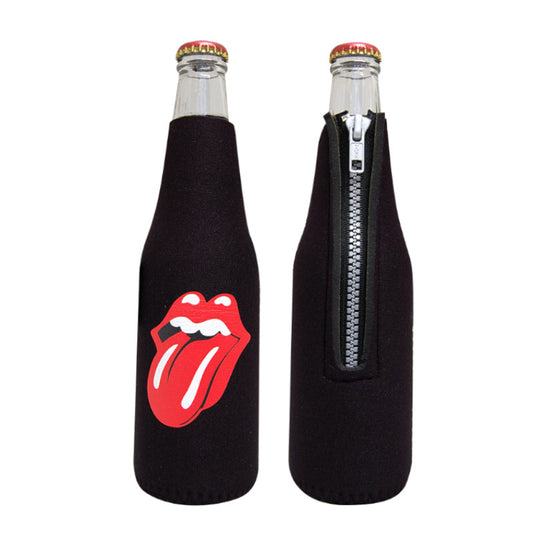 Black neoprene beer bottle sleeve with rolling stones graphic.