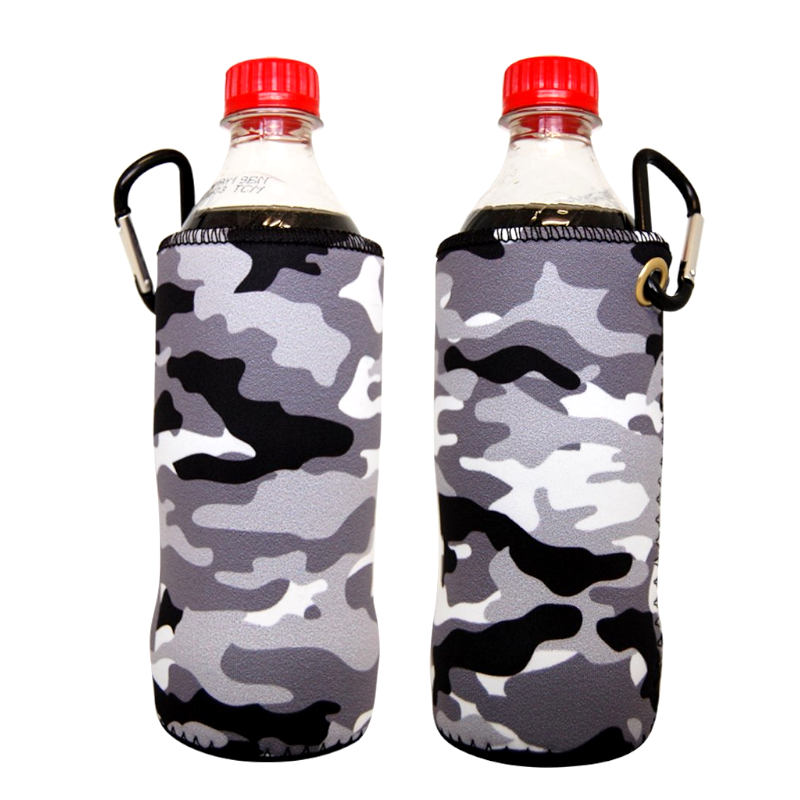 Black and white camo neoprene water bottle sleeve with carabiner clip.