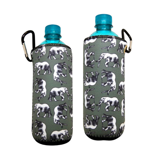 Elephant-themed neoprene water bottle sleeves with carabiner clips.