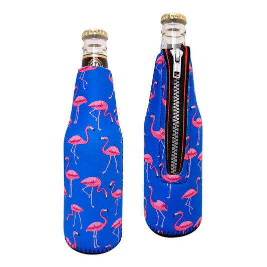 flamingo themed neoprene beer bottle sleeves.