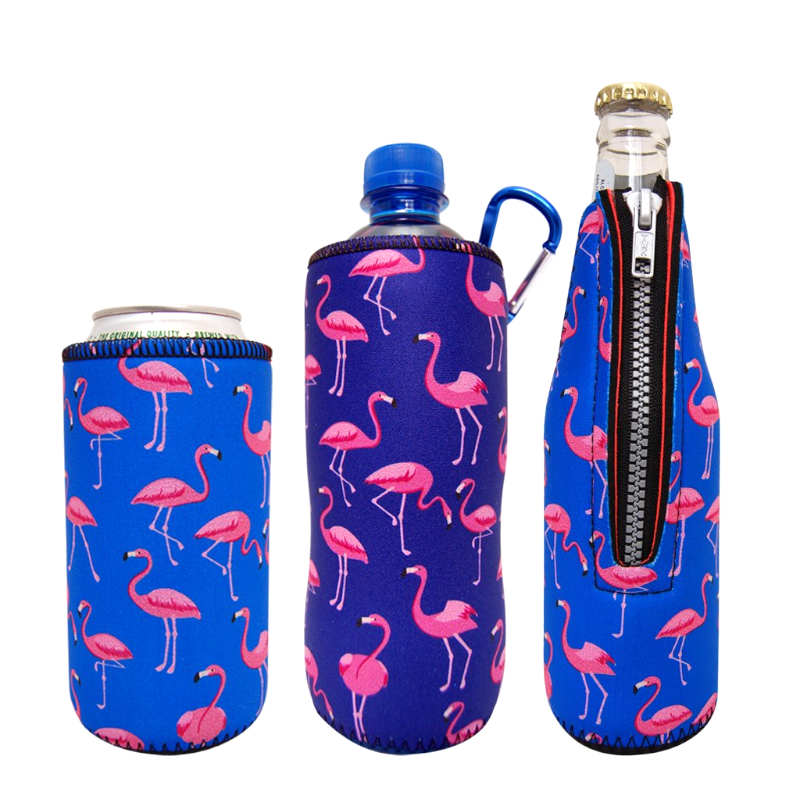 flamingo themed neoprene can and bottle sleeve set.