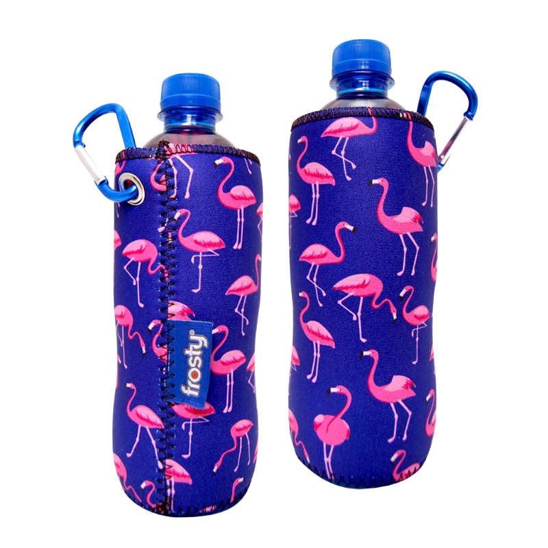 flamingo themes neoprene water bottle sleeve with carabiner clip.