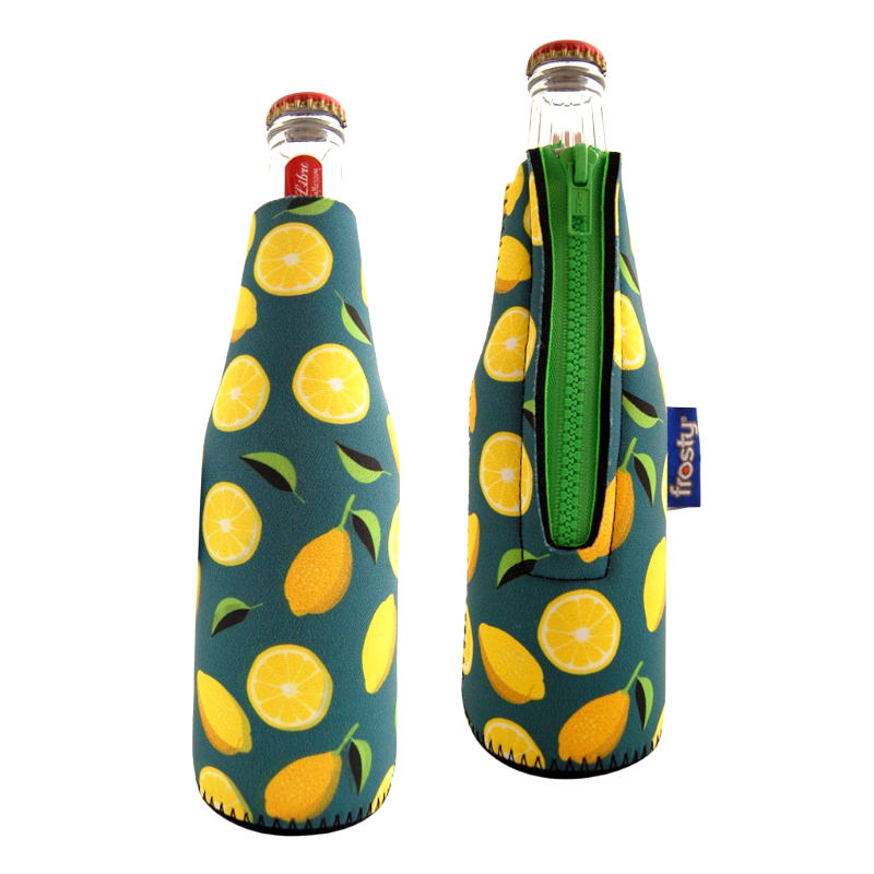 Lemon-themed neoprene beer bottle koozies.