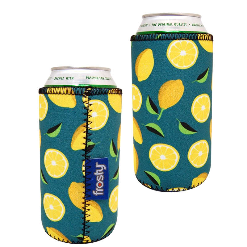 Lemon-themed long tom neoprene can koozies.