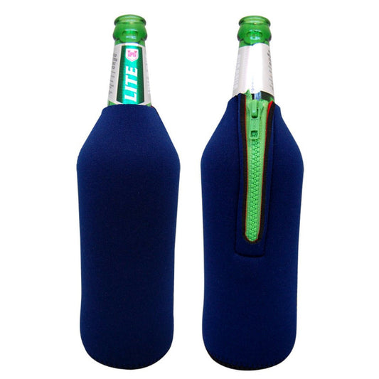 Navy blue neoprene beer quart and wine bottle sleeve