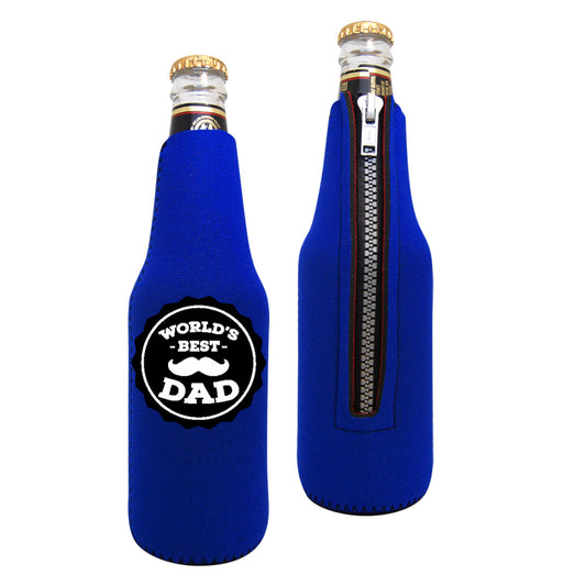 blue neoprene beer bottle cooler with zip and world's best dad graphic