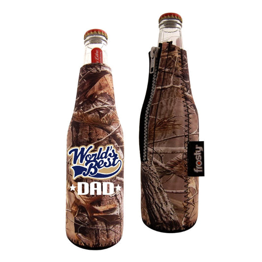 Real camo beer bottle sleeves with best dad graphic.