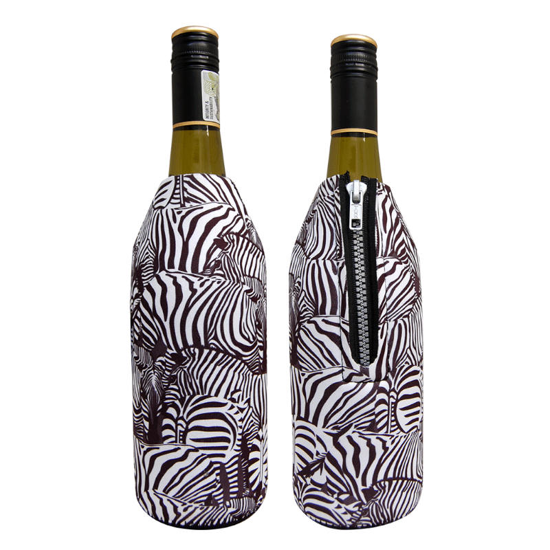 Zebra-themed neoprene beer quart or 750ml wine bottle sleeve.