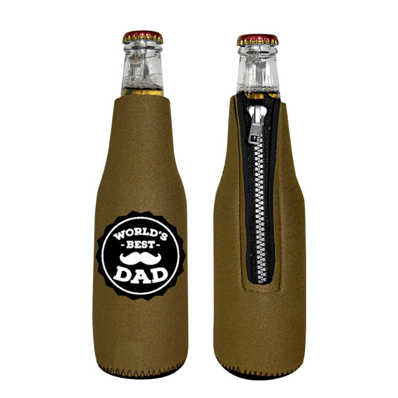Olive neoprene beer bottle sleeve with world's best dad moustache graphic.